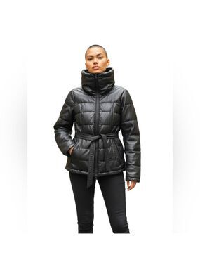 Danier Black Leather Puffer Jacket Sz XXS High Neck Quilted Winter Coat